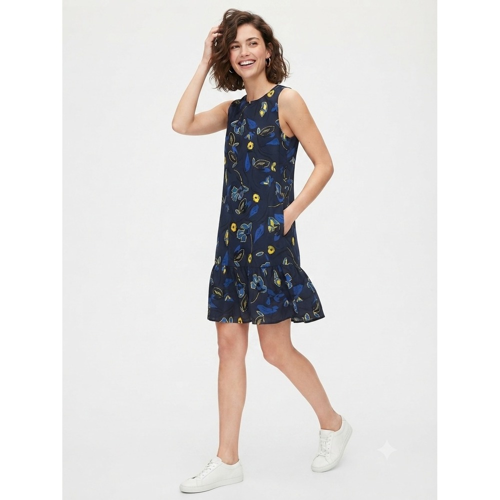 Halogen Floral Sleeveless Ruffle Hem Shift Dress Navy Blue Yellow Size Small